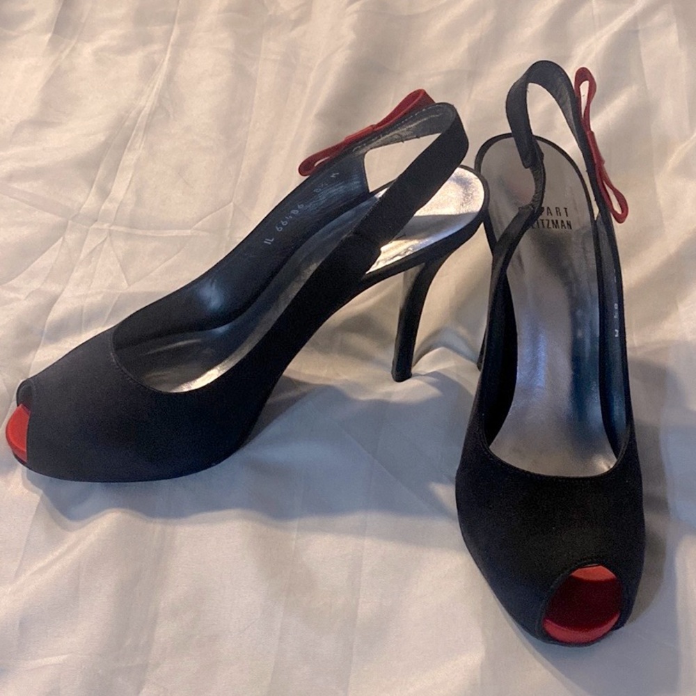 Stuart Weitzman Black Satin Peep Toe Heels Size 8.5